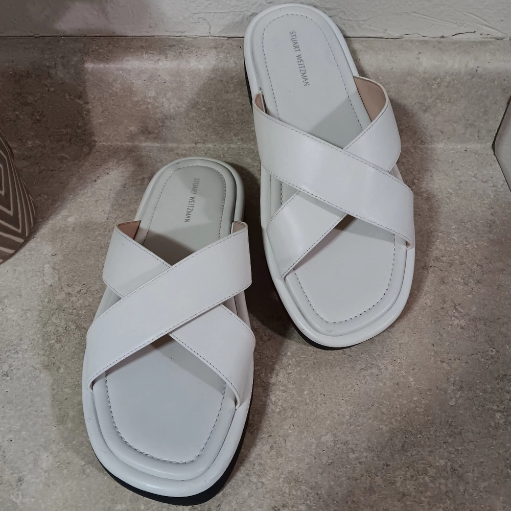 Stuart Weitzman Rosa Lift  White Leather Slides Sandals Size 8.5 B
